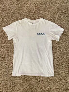 Tilly's White Short Sleeve Tee with Small Blue CVLA Logo